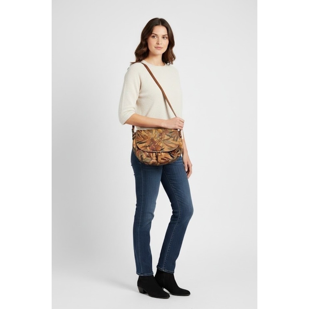 Patricia Nash ROSOLINI Leather Saddle Bag Tropical Palm Print Excellent